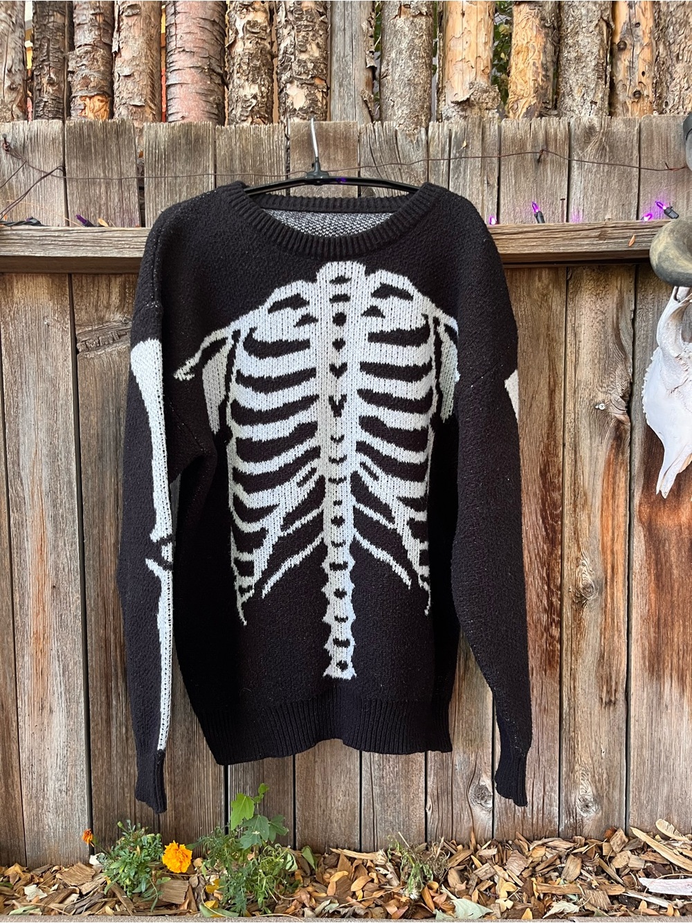 SHEIN Black Crewneck Sweater with White Skeleton Graphic